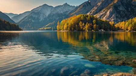 Autumn alpine landscape with lake and mountains reflected in water.