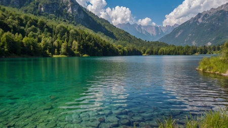 Panoramic view of alpine lake in summer, Austria.