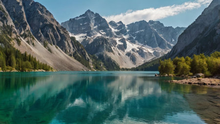 Panoramic view of turquoise alpine lake with reflection of mountains.