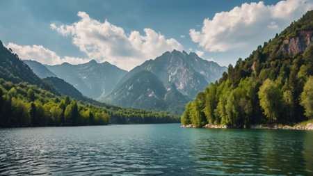 Panoramic view of alpine lake and mountains in Alps, Austria