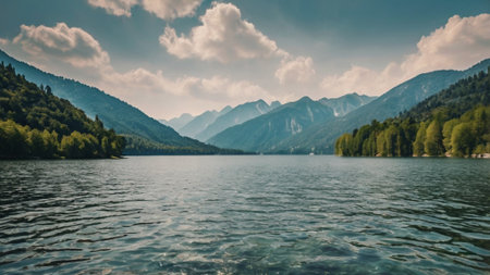 Beautiful view of the lake and mountains in the background. Panorama.
