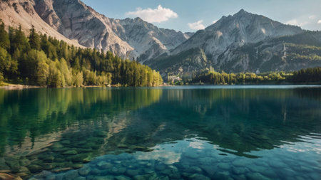 Panoramic view of beautiful alpine lake with reflection in water.の写真素材