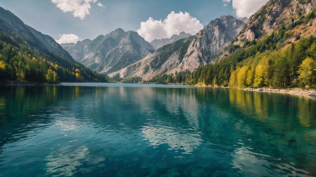 Panoramic view of beautiful alpine lake with crystal clear water and mountains in background