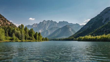 Panoramic view of the mountains and the lake in the mountains
