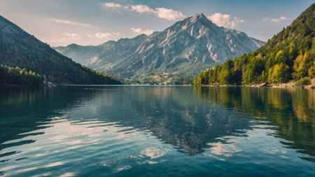 Panoramic view of alpine lake with mountains reflected in water