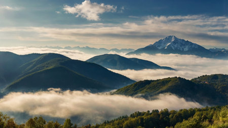 Panoramic view of the mountains covered with fog and clouds.