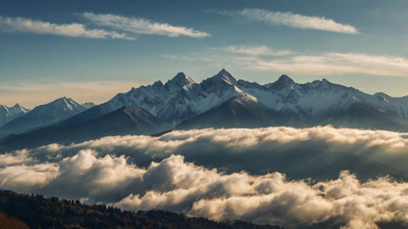 Mountains in the clouds. Panoramic view of the Caucasus Mountains