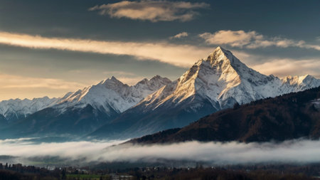 Panoramic view of snowy mountains at sunrise.