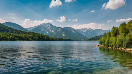 Panoramic view of Bohinj lake in Slovenia, Europeの写真素材