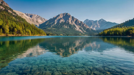 Panoramic view of alpine lake with reflection in water.