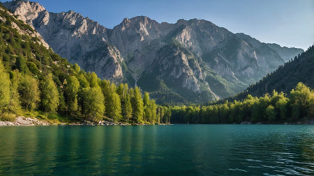 Panorama of the lake in the mountains. Beautiful summer landscape.