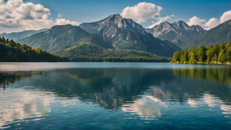 Panoramic view of beautiful mountain lake in Alps, Austria.の写真素材
