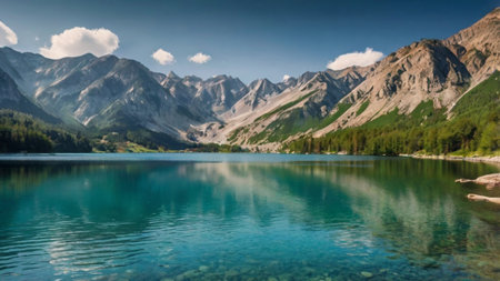 panoramic view of a mountain lake in the Alps, Austriaの写真素材