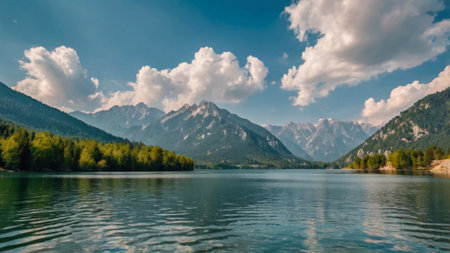 Panoramic view of the lake with mountains in the background.の写真素材