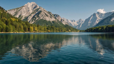 Panoramic view of alpine lake with mountains reflected in waterの写真素材