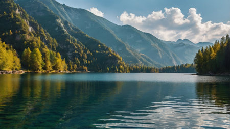 Panorama of beautiful alpine lake with crystal clear water in mountainsの写真素材