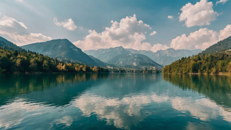 Panoramic view of the lake and mountains in the background.の写真素材