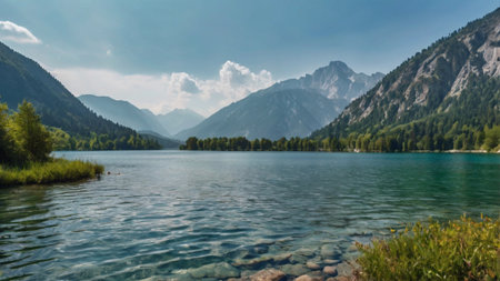 panoramic view of alpine lake with mountains in the backgroundの写真素材