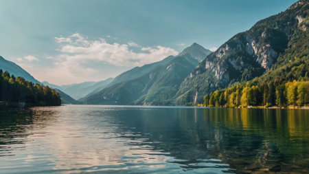 Beautiful alpine lake with clear water and mountains in the backgroundの写真素材