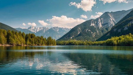 Idyllic alpine landscape with lake and mountains reflected in water