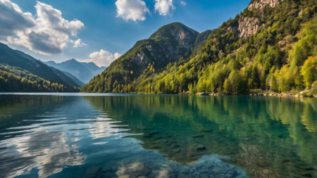 Panoramic view of beautiful alpine lake with reflection in water