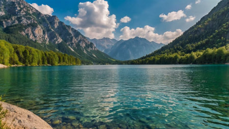 Panoramic view of alpine lake in the Austrian Alps.