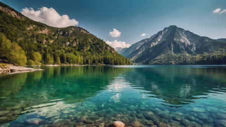 Panoramic view of alpine lake in Austrian Alps.