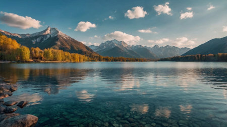 panoramic view of alpine lake with reflection of mountains in water