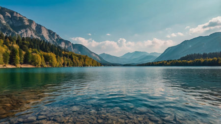 Beautiful lake in the mountains. Panoramic view of the lake.の写真素材