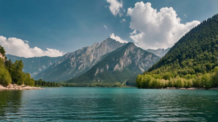 Panoramic view of a beautiful lake in the mountains on a sunny dayの写真素材
