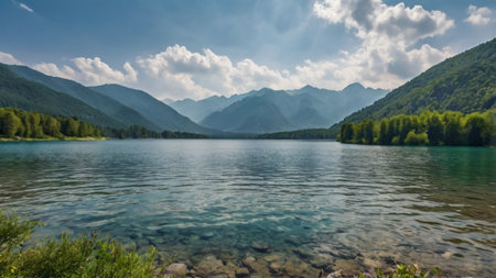 Panorama of the lake in the mountains on a sunny summer dayの写真素材