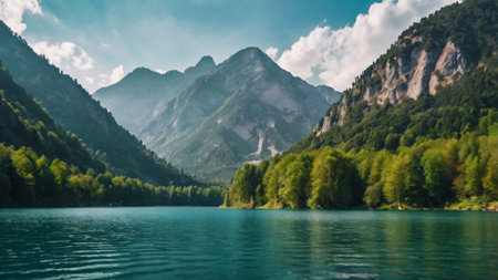 Panoramic view of beautiful alpine lake in the mountains.の写真素材
