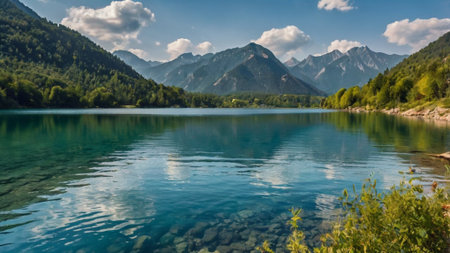 Panoramic view of alpine lake with reflection of mountains in waterの写真素材