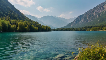 Panoramic view of a beautiful alpine lake in the mountainsの写真素材
