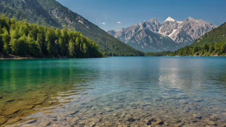 Landscape view of alpine lake with clear water and mountains in background