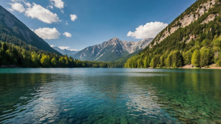Mountain lake with clear water and high mountains in the background.
