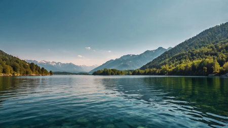 Panoramic view of alpine lake and mountains in the background