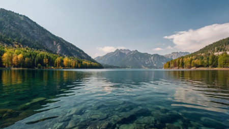 Panoramic view of beautiful alpine lake in autumn, Bavaria, Germany