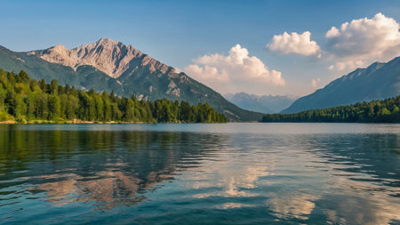 panoramic view of alpine lake in summer, Austria.