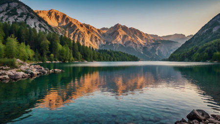Mountain lake in the Dolomites at sunrise. Italy.の写真素材