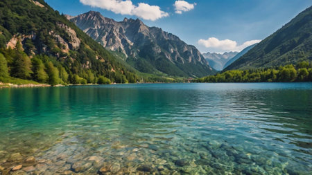 Panoramic view of beautiful mountain lake in Alps, Austria.