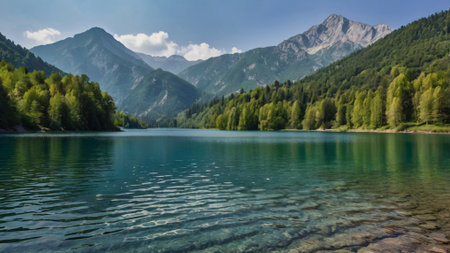 Panoramic view of the mountain lake in the Alps, Austriaの写真素材