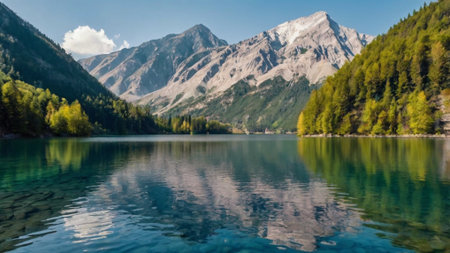panoramic view of alpine lake with reflection of mountains in waterの写真素材