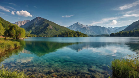 Panoramic view of a mountain lake in the Austrian Alps.の写真素材