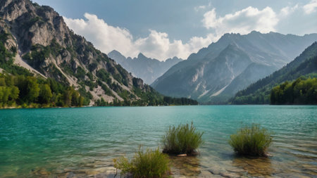 Panoramic view of Karagol (Black lake) in Karagol national park, Kyrgyzstanの写真素材