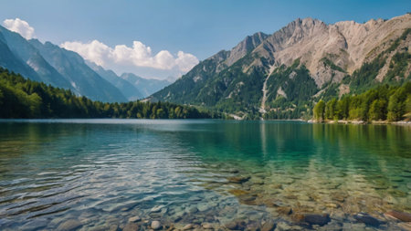 panoramic view of alpine lake with clear water and mountains in backgroundの写真素材