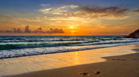 Beautiful sunset on the beach with footprints in the sand and waves