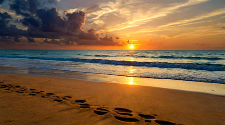 Beautiful sunset on the beach with footprints in the sand and cloudsの写真素材