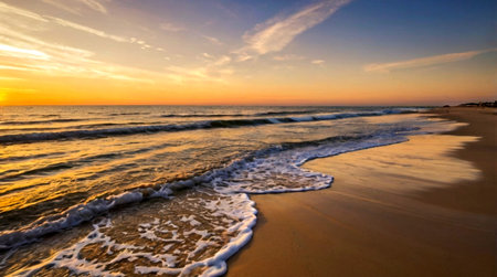 Sunset on the beach of the Baltic Sea in Poland, Europe