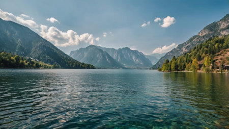 Panoramic view of alpine lake and mountains in Bavaria, Germany